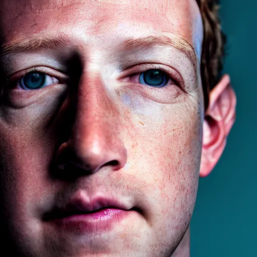 Image similar to close up portrait of mark zuckerberg he has pupils shaped as dollars signs, 8 k, bokeh