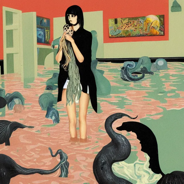 Image similar to tall female emo artist holding an octopus in a flooded cafe, bagels, pigs, water gushing from ceiling, painting of flood waters inside a cafe, a river flooding indoors, pomegranates, pigs, ikebana, water, octopus, river, rapids, waterfall, black swans, zen, canoe, berries, acrylic on canvas, surrealist, by magritte and monet