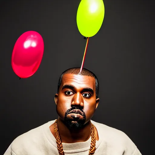 Image similar to a vintage studio portrait of kanye west clown with balloons behind him, black background, chiaroscuro lighting, camera focused on the face, close up portrait, shallow depth of field, 8 0 mm, f 1. 8