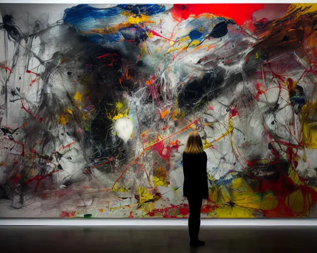 Prompt: otherworldly being standing in gallery of art, a brutalist designed, rich deep vivid colours, broad brush strokes!, painted by francis bacon, michal mraz, adrian ghenie, nicola samori, james jean!!! and petra cortright, part by gerhard richter, part by takato yamamoto. 8 k masterpiece.