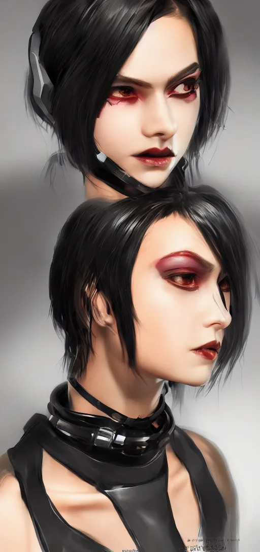 Image similar to headshot artwork of cyberpunk woman wearing thick black choker, collar on neck, realistic, artstation, neon,