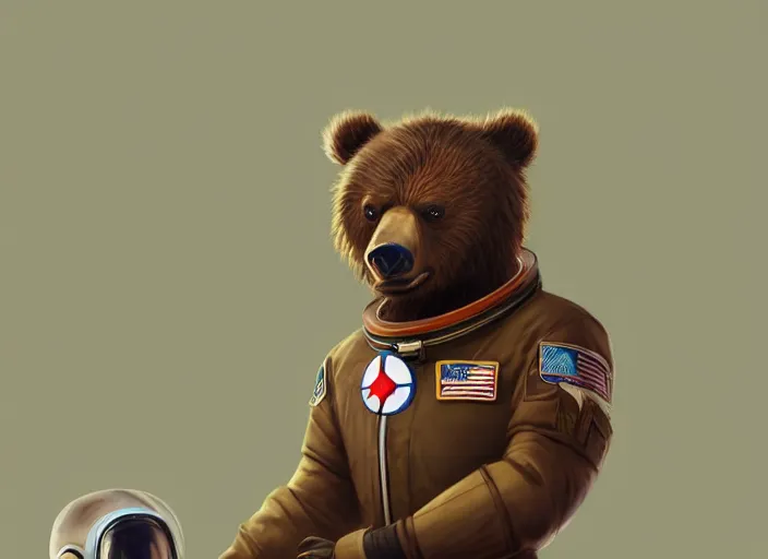 Image similar to character portrait feature of the anthro male anthropomorphic kamchatka brown bear fursona wearing cosmonaut outfit uniform professional pilot astronaut cosmonaut spirited disciplined character design stylized by charlie bowater, ross tran, artgerm, and makoto shinkai, detailed, soft lighting, rendered in octane