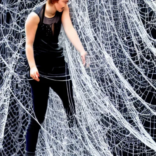 Prompt: emma watson hanging and trapped in giant spider webs with face covered