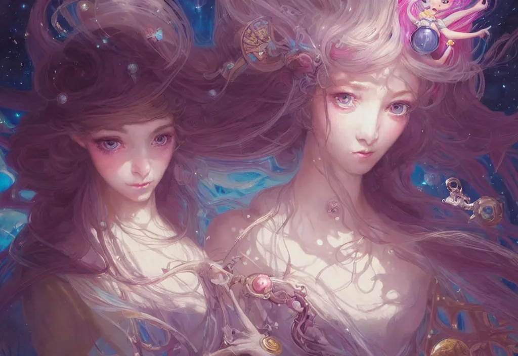 Image similar to close up picture of an maximalist dress magical girl, neat hair with bangs, smug face, fist to camera, extremely beautiful and aesthetic and detailed cute face and eyes, wipe out evils with cute astronaut familiar sprites, aming the magical beams, chiaroscuro, intricate, masterpiece, fantasy illustrations by peter mohrbacher and anato finnstark and jeremy lipking