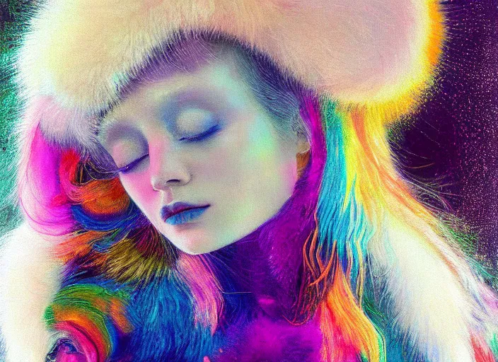 Image similar to portrait of woman with rainbow face in white fur coat, cynical realism, peter furguson painterly, yoshitaka amano, miles johnston, moebius, beautiful lighting, miles johnston, klimt, tendrils, in the style of, louise zhang, victor charreton, james jean, two figures, terrence malick
