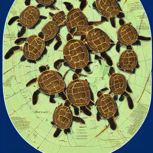 Image similar to a stack of turtles beneath a round disc map