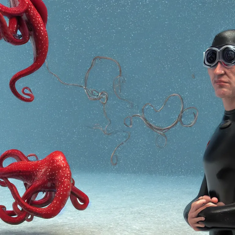 Image similar to octane render portrait by wayne barlow and carlo crivelli and glenn fabry, subject is a man in a wet suit with goggles with giant open mouth full of long red octopus tentacles, cinema 4 d, ray traced lighting, very short depth of field, bokeh