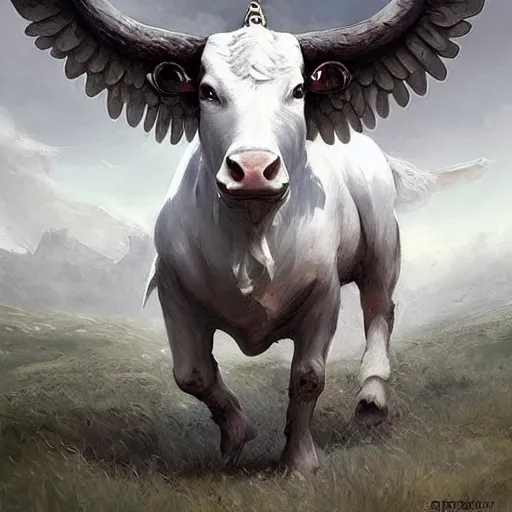 Image similar to a white bull with angelic wings, epic fantasy digital art, fantasy style art, by Greg Rutkowski, fantasy hearthstone card art style