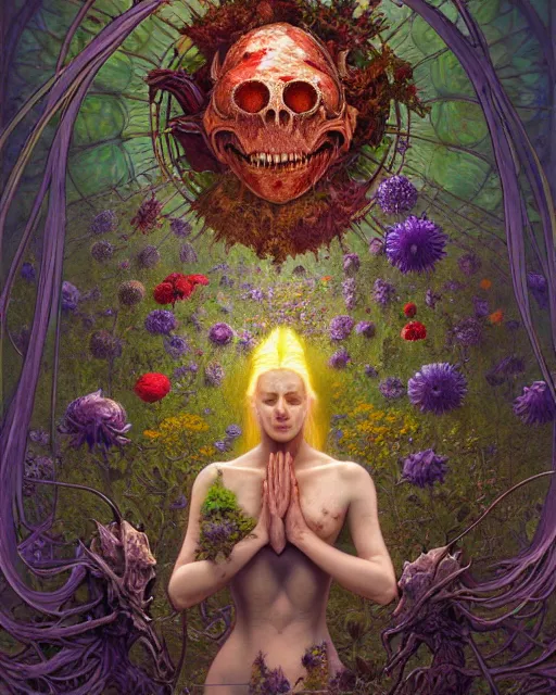 Prompt: the platonic ideal of flowers, rotting, insects and praying of cletus kasady carnage davinci dementor chtulu mandelbulb mandala ponyo dinotopia the witcher, fantasy, ego death, decay, dmt, psilocybin, concept art by randy vargas and greg rutkowski and ruan jia and alphonse mucha