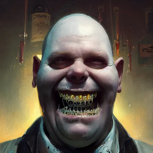 Image similar to closeup portrait of an overweight barkeeper with a prosthetic robot arm, decayed teeth, ratz, neuromancer, bar background, painted by greg rutkowski, painted by igor kieryluk, high detail, dramatic light, digital art, trending on artstation