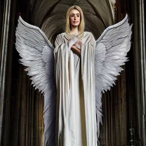 Image similar to tall female angel is long flowing robes, feathered wings, shrouded, veiled, ornate gothic cathedral