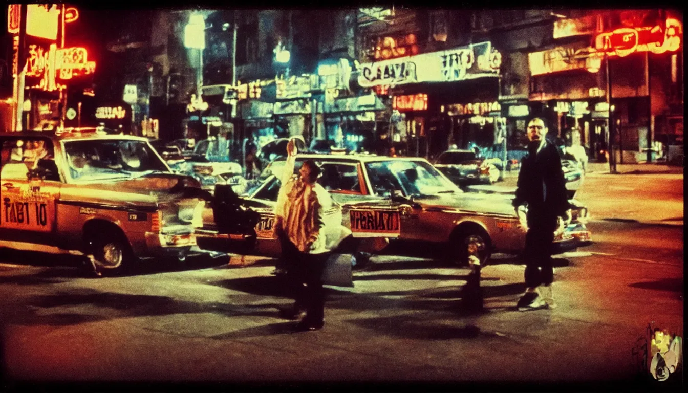 Prompt: 8 0 s polaroid photo, cinema still from movie taxi driver, sleazy man watching night streets, colorful haze, americana, high production value, 8 k resolution, hyperrealistic, hdr, photorealistic, high definition, high details, tehnicolor, award - winning photography, masterpiece, amazing colors