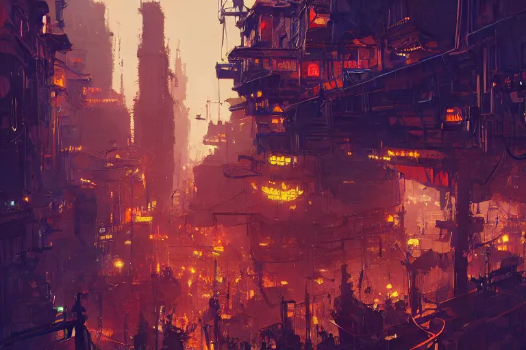 Prompt: bustling underbelly of a thriving steampunk city by alena aenami and eddie mendoza, trending on artstation