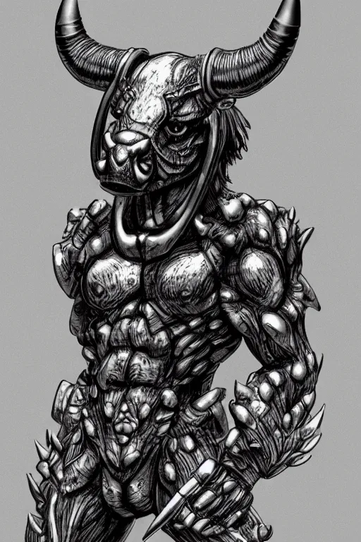 Image similar to bull humanoid figure, highly detailed, digital art, sharp focus, trending on art station, kentaro miura manga art style