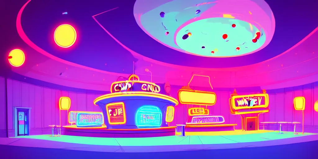 Image similar to minimalistic extreme wide angle curved perspective digital art of chubby cotton candy indoor casino with a stage by anton fadeev from nightmare before christmas