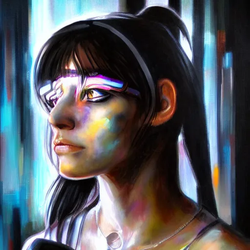 Prompt: close - up portrait of cyberpunk girl, painting by jennifer pochinski