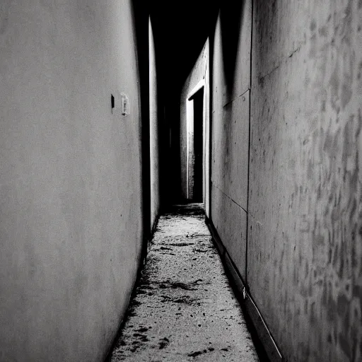 Prompt: photograph of a creepy narrow hallway made out of concrete, liminal with dark lighting, film grain