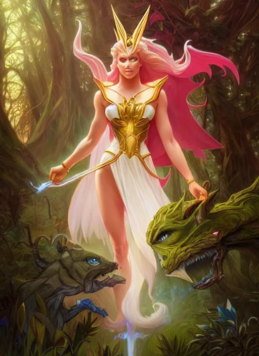 Image similar to she - ra in the enchanted mystical forest, d & d, fantasy, intricate, elegant, highly detailed, digital painting, artstation, concept art, smooth, sharp focus, illustration, art by artgerm and greg rutkowski and alphonse mucha