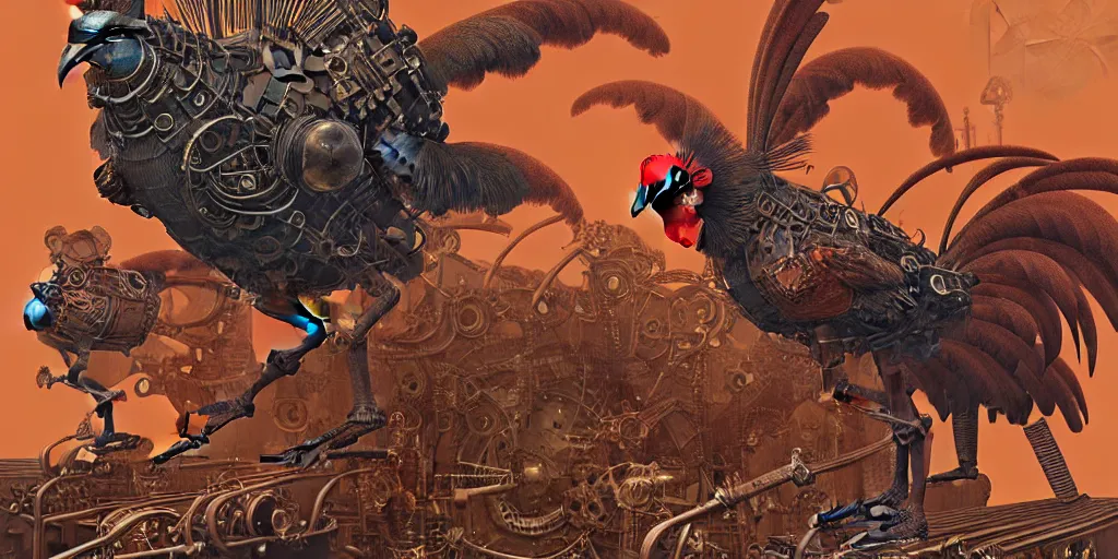 Prompt: digital painting of angry mechanical roosters fighting, by wayne barlowe and bob pepper and karl wilhelm de hamilton, dieselpunk, steampunk, highly detailed, intricate, sharp focus, portrait, talons, anatomy, beak, wings