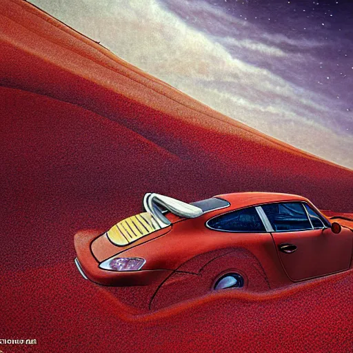 Image similar to porsche 9 1 1, australian beach, red sand, otherworldly science fiction surrealism landscapes. waves. dust. stars. by chris mars.