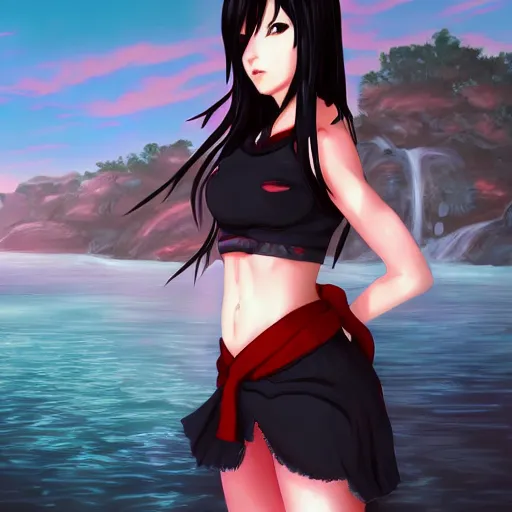 Image similar to portrait of tifa lockhart standing by a river, black and red colors, anime fantasy illustration by tomoyuki yamasaki, kyoto studio, madhouse, ufotable, trending on artstation