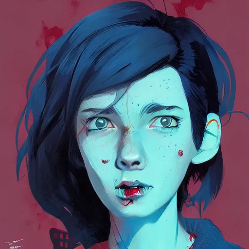 Image similar to Highly detailed portrait of a punk zombie young lady by Atey Ghailan, by Loish, by Bryan Lee O'Malley, by Cliff Chiang, ((dark blue moody background))