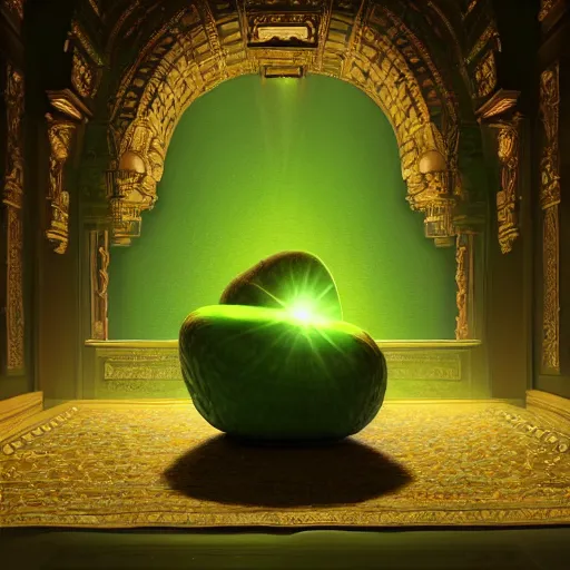 Image similar to a green avocado armchair in the center of golden ancient temple, illuminated by narrow light beam , fantasy illustration, trending on artstation, deviantart, very realistic, 4k