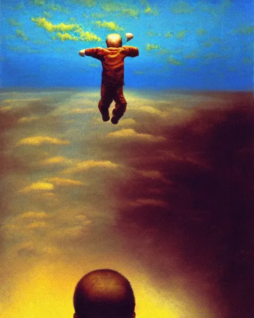 Prompt: early color photo of a scared boy flying in sky, Beksinski painting, max payne screenshot