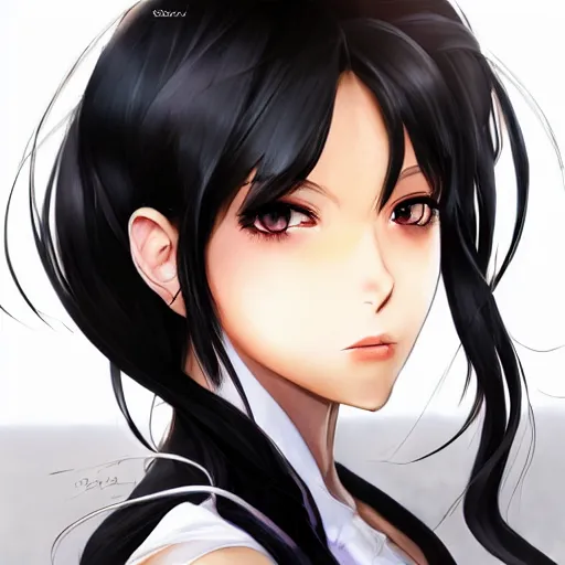 Image similar to luxury advertisement, astonishing portrait of a very beautiful anime high-school girl with black hair ponytail, white ribbon, full perfect face, realistic, highly detailed background, artstation, 120 degree view, drawn by Sasoura, Satchely and Akihiko Yoshida, no distortion