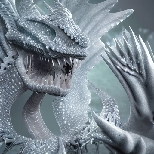 Prompt: 3D intricate frosty chitin scales and sparkly pebbled skin, maya render, octane render, George Hurrell studio portrait, ferocious winged dragon with sharp claws grabbing crystalline ice in an ice cave, national geographic, award winning, yukii morita, rough, scratched scales, leathery wings, fangs, fog