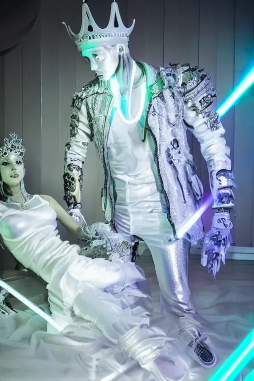 Image similar to full-body rococo and cyberpunk style neon statue of a muscular attractive J Balvin macho dotado e rico android sim roupa reclining con las piernas abertas e la piroca dura, glowing white lasers, glowing eyes, silver prince crown, silver steampunk gears, white diamonds, swirling mint-colored silk fabric. futuristic elements. ethereal white dripping tar. full-length view. space robots. human skulls. large white balloon animals. intricate artwork by caravaggio. Trending on artstation, octane render, cinematic lighting from the right, hyper realism, octane render, 8k, depth of field, 3D