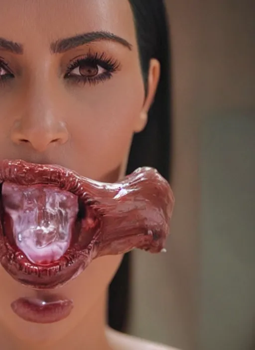 Image similar to film still of kim kardashian ingesting alien slime from the mouth of an xenomorph, transparent goo, transparent liquid, saliva, 8 k