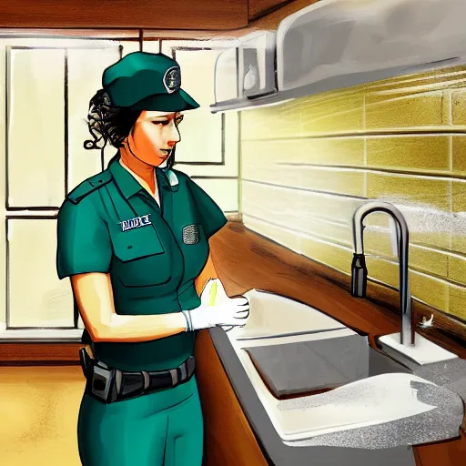 Prompt: A police officer wearing rubber gloves to wash dishes in kitchen, highly detailed, ambient lighting, trending on art station