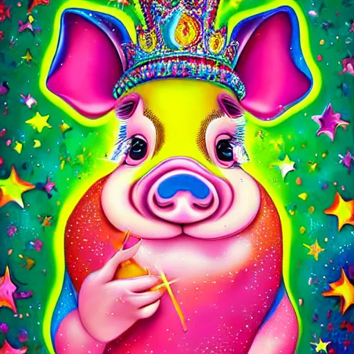 Image similar to lisa frank action pose pig wearing a gold crown holding pop can painting by android jones