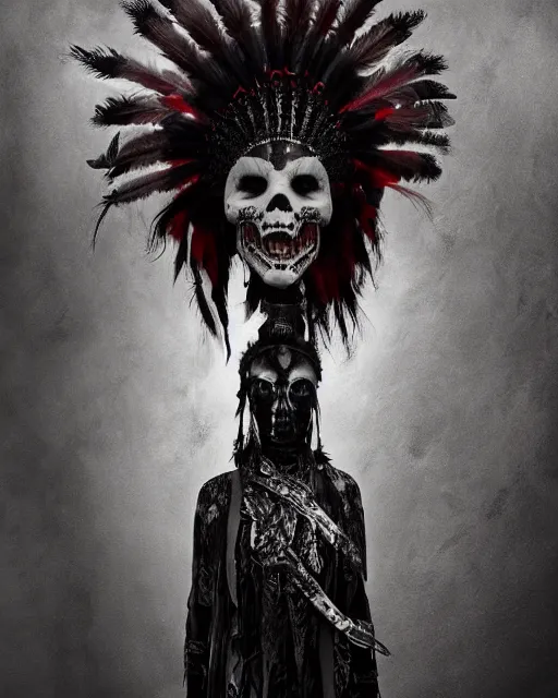 Image similar to the ghost - spirit of the grim - warpaint wears the scarlet skull armor and native blood headdress feathers, midnight fog - mist!, dark oil painting colors, realism, cinematic lighting, various refining methods, micro macro autofocus, ultra definition, award winning photo, photograph by giger and gammell