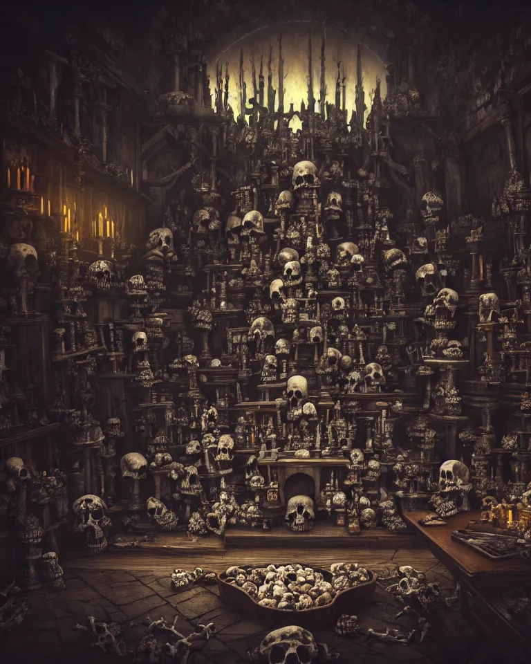 Image similar to full color, low ultrawide interior shot of sedlec ossuary, bones, anime style mixed with fujifilm, dark, foggy, atmospheric, artstation, cgsociety, octane render, cgi, denoise, detailed, cinematic masterpiece