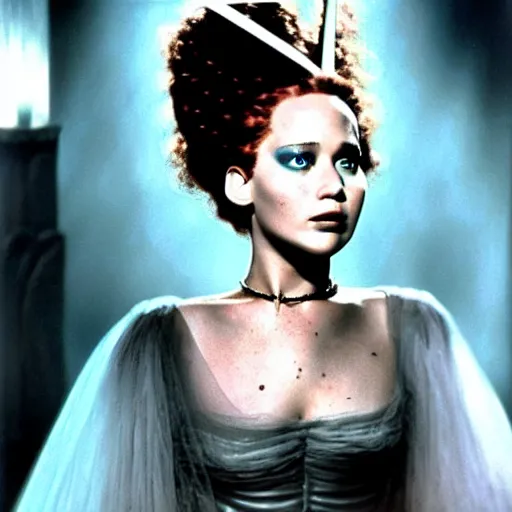 Image similar to jennifer lawrence, color photography, sharp detail, still from the movie bride of frankenstein