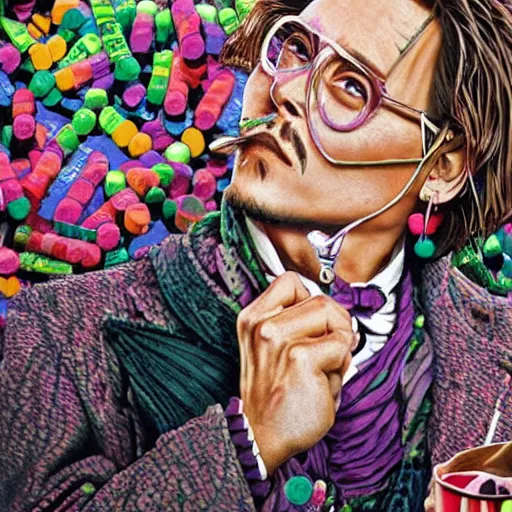 Prompt: Johnny Depp is covered in a blanket and drinking tea in Willy Wonka's Chocolate Factory, Illustration, Colorful, insanely detailed and intricate, super detailed