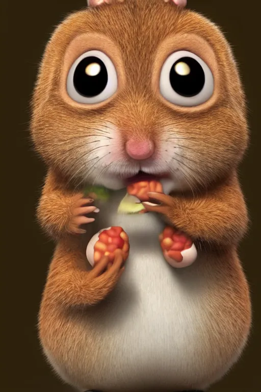 Image similar to funny hamster with cheeks full of nuts trying to push one more peanut into his mouth. pixar disney 4 k 3 d render funny animation movie oscar winning trending on artststion and behance. oscar award winning.