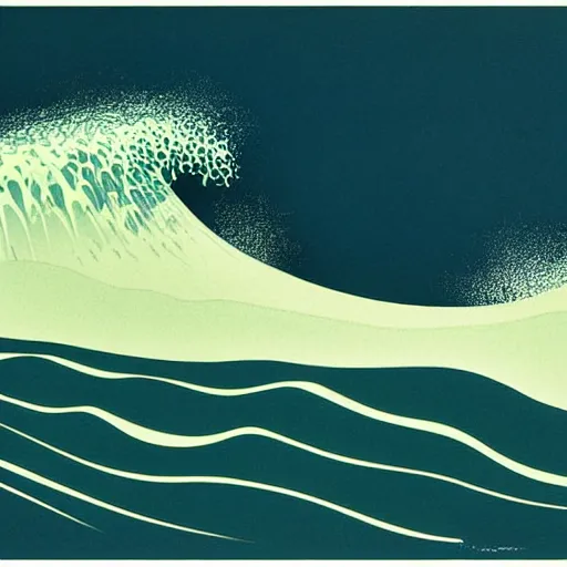 Prompt: a perspective view of waves crashing on the shore, by eyvind earle