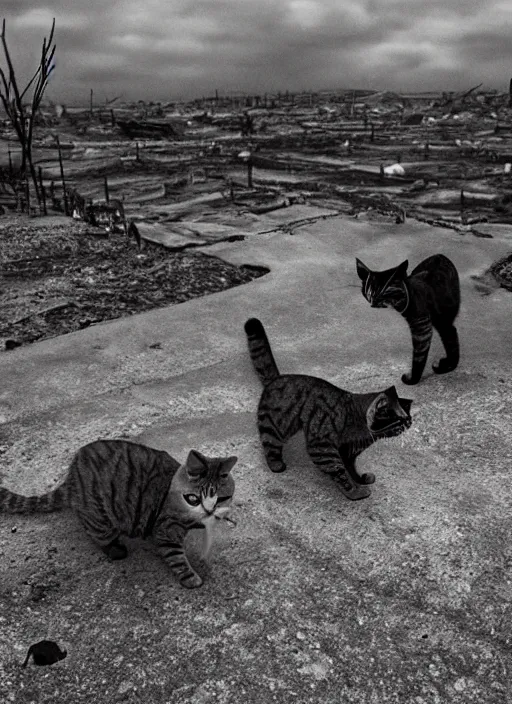 Image similar to cats in a post apocalyptic landscape looking for food