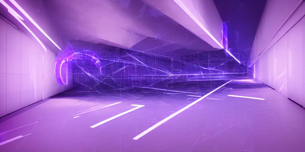 Prompt: Blue and purple laser bouncing around a white hallway with purple reflections, vaporwave, Render, featured on CGSOCIETY