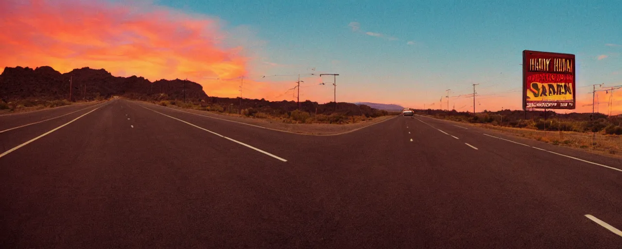 Image similar to highway advertisements promoting spaghetti, highway 5 0, arizona, sunset, canon 2 0 mm, shallow depth of field, kodachrome, in the style of wes anderson