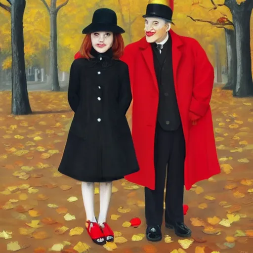 Prompt: A thin man in a black coat and bowler hat talks with small young girl dressed in a red coat and a red hat, park, autumn, Berlin, oil painting style , wide angle, width 768