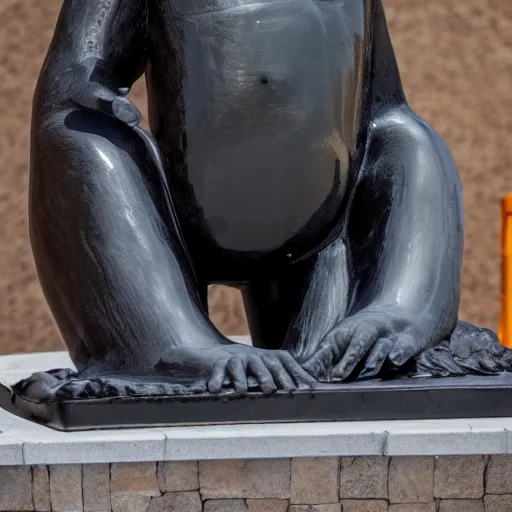 Image similar to humans praying to a statue of a giant obsidian evil baby harp seal ultra modern statue, Leica, 4k photo