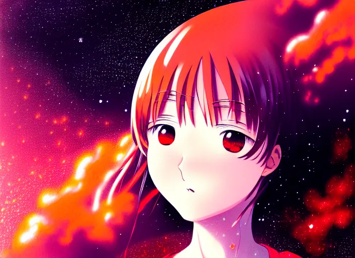 Image similar to anime full portrait of a young girl floating inside a nebula ,omoide emanon, tsuruta kenji, murata range,kawaii, kyoto animation, manga, intricate, detailed, studio lighting, orange red black white, gradation,editorial illustration, matte print, Ilya Kuvshinov