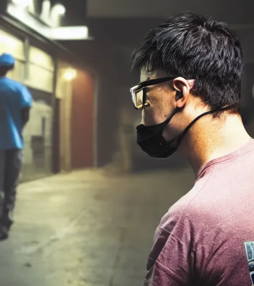 Prompt: suspicious pizza deliver guy in a dark place, real life photo, 4 k, cyberpunk style, highly detailed, focus on face, glasses, asian