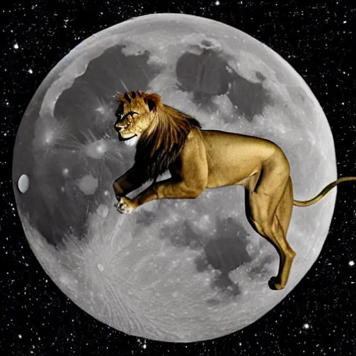 Prompt: lion runnning over the moon