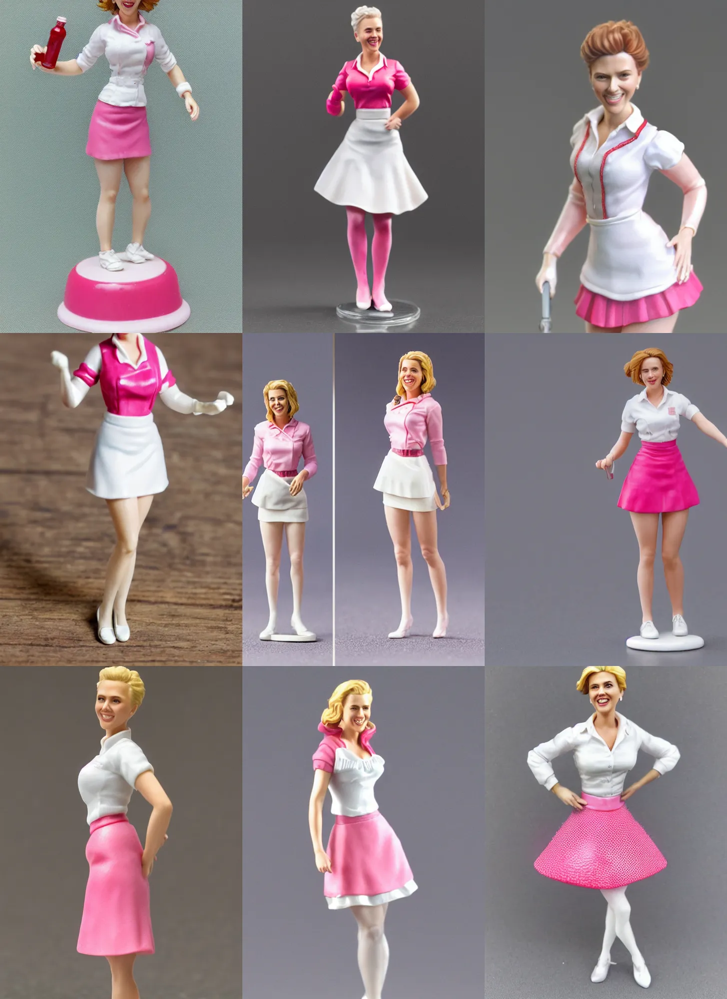 Prompt: 80mm resin detailed miniature of a Scarlett Johansson as Waitress, white blouse, Pink tight mini-skirt, white apron, White tights, smile, on textured base; Miniature product Photos, 4K, Full body;