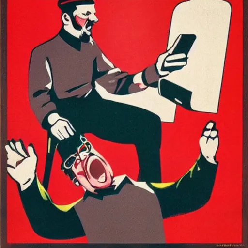 Prompt: soviet era propaganda poster of a man yelling at a smartphone